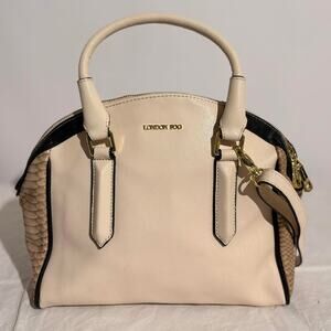 London Fog Color Block Satchel - Cream/Tan Snakeskin